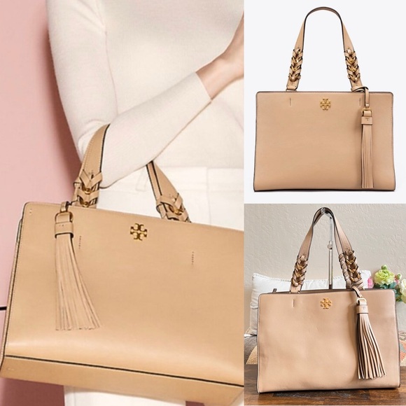 Tory Burch Handbags - Tory Burch BROOKE Tan Leather Nubuck Sides Tassel Braided Handles Tote